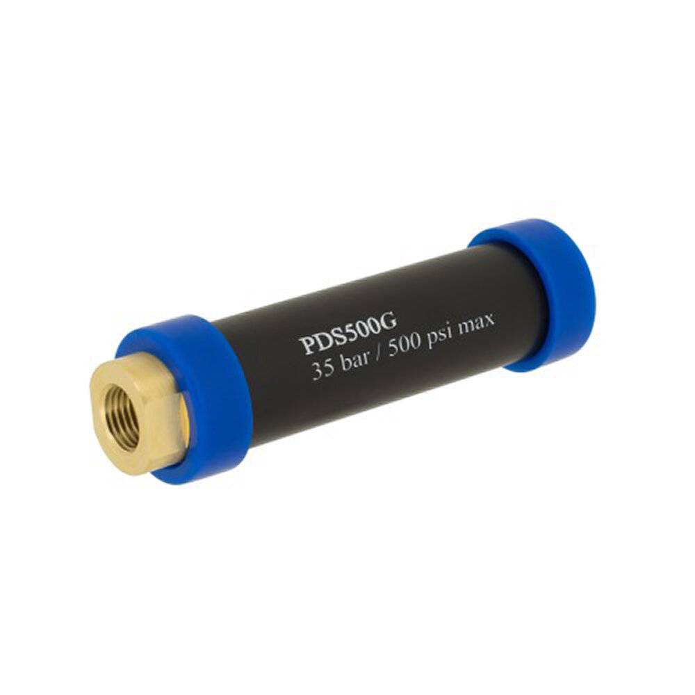 Ein Druckentlastungsventil mit schwarzem Gehäuse, gekennzeichnet mit „PDS500G 35 bar / 500 psi max