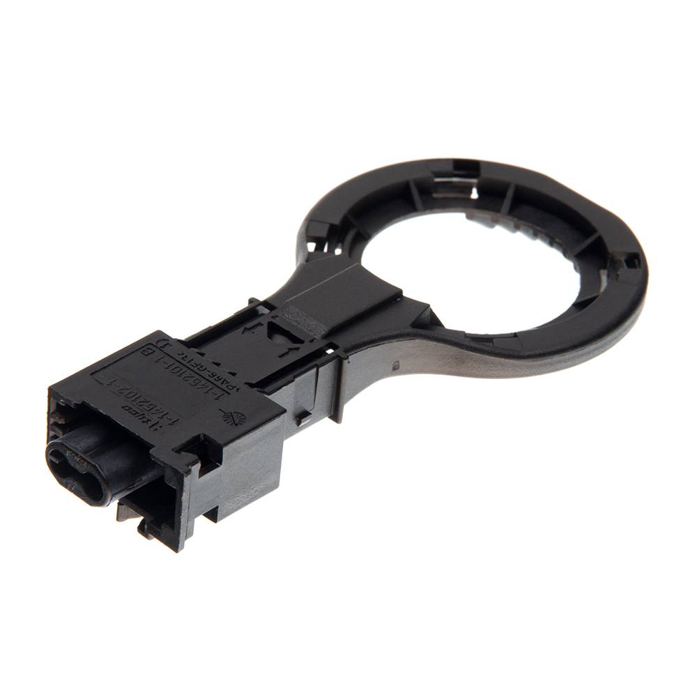 „Ein schwarzer Kunststoff-Automotivsensor mit einer kreisförmigen Befestigungshalterung und Steckerverbindung.