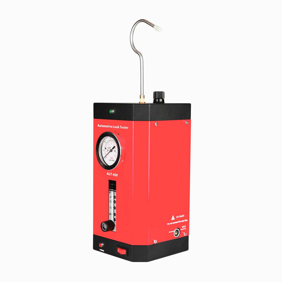 Roter Automobildrucktester mit Manometer, gekrümmtem Schlauch und Bedienknöpfen mit der Bezeichnung „ALT 400