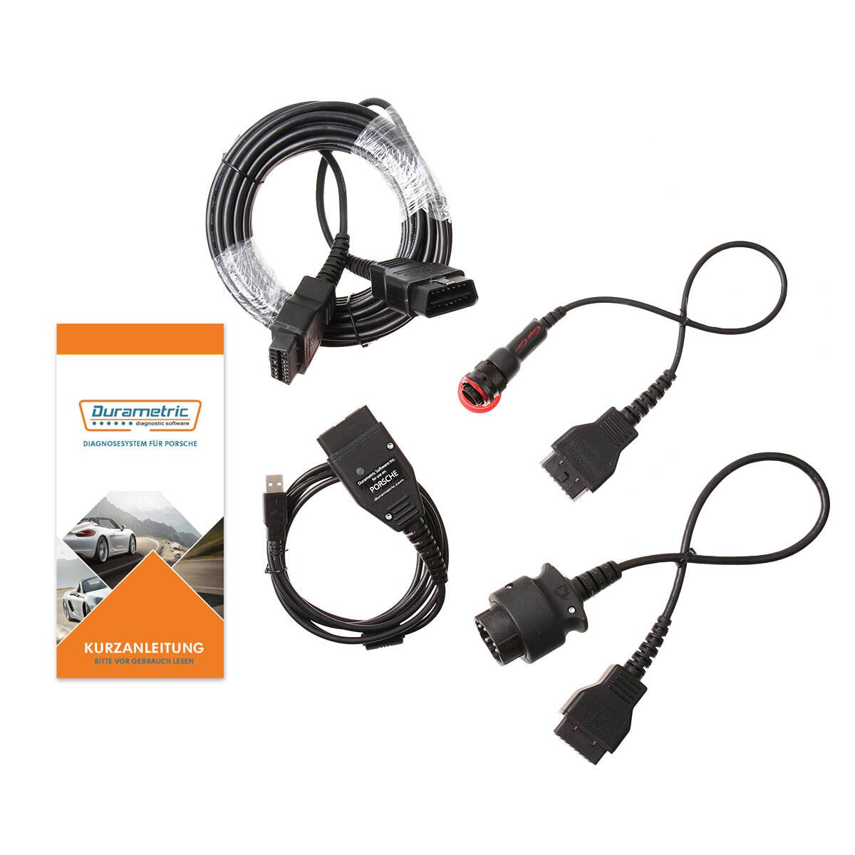 Durametric Diagnose-Toolkit für Porsche, einschließlich mehrerer Kabel und Steckverbinder sowie einer Bedienungsanleitung.