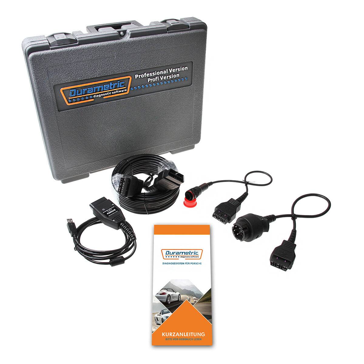 Durametric-Diagnosewerkzeugsatz für Porsche, bestehend aus Kabeln, Steckverbindern, USB-Adapter und Bedienungsanleitung, neben einem Transportkoffer dargestellt.