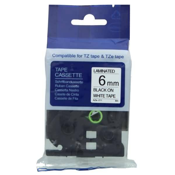 Schriftbandkassette - ersetzt Brother TZE211 - 6mm schwarz/weiß