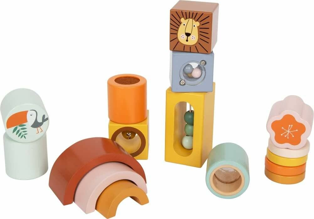 small foot Entdeckerbausteine Safari Motorik-und Sinnesspiel für Kinder, 12 Stück, aus Holz, ab 12 Monaten, 12230