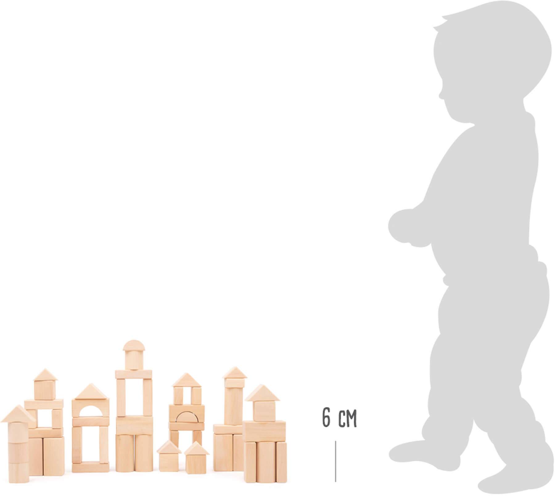 Silhouette eines Kindes neben einer Reihe von Holzblöcken, mit einer 6-cm-Höhenmarkierung, die die Größe der Blöcke angibt.