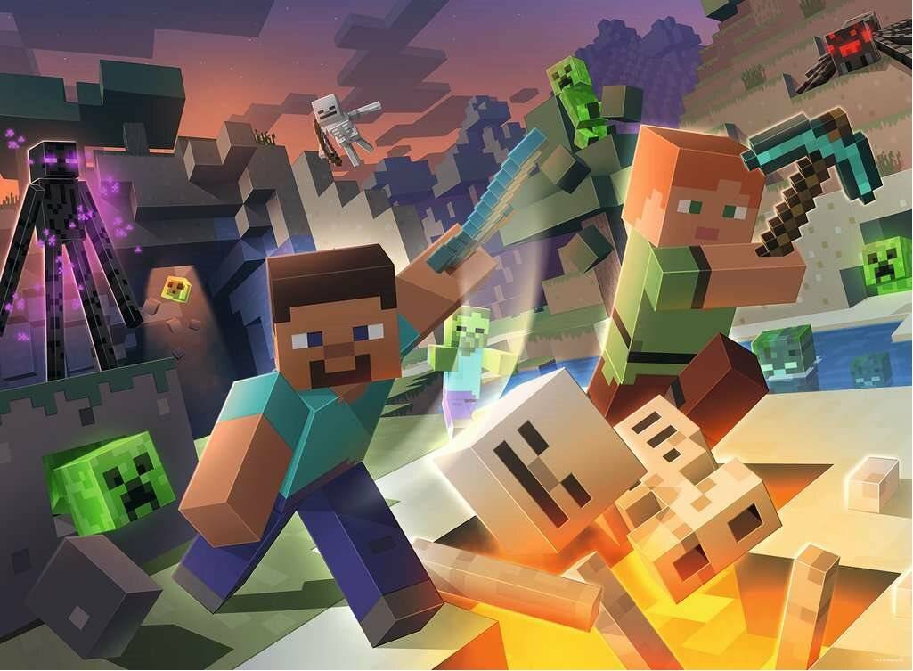 Minecraft-Charaktere Steve und Alex fliehen vor feindselige Mobs, einschließlich eines Creepers, Enderman, einer Spinne, eines Skeletts und eines Schweins, in einer chaotischen blockigen Kampfszene.