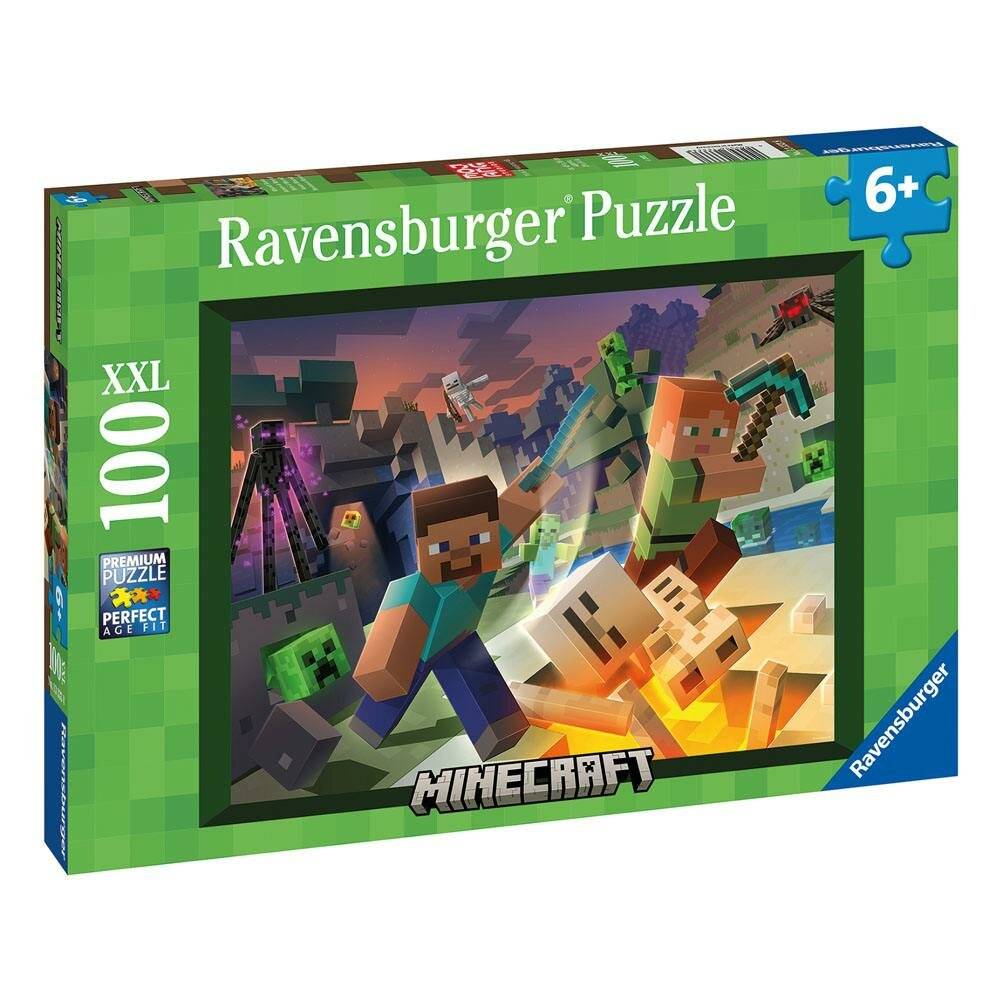 Ravensburger 100er XXL Minecraft-Puzzle mit Steve, Alex und Minecraft-Charakteren; ab 6 Jahren auf grüner Verpackung.