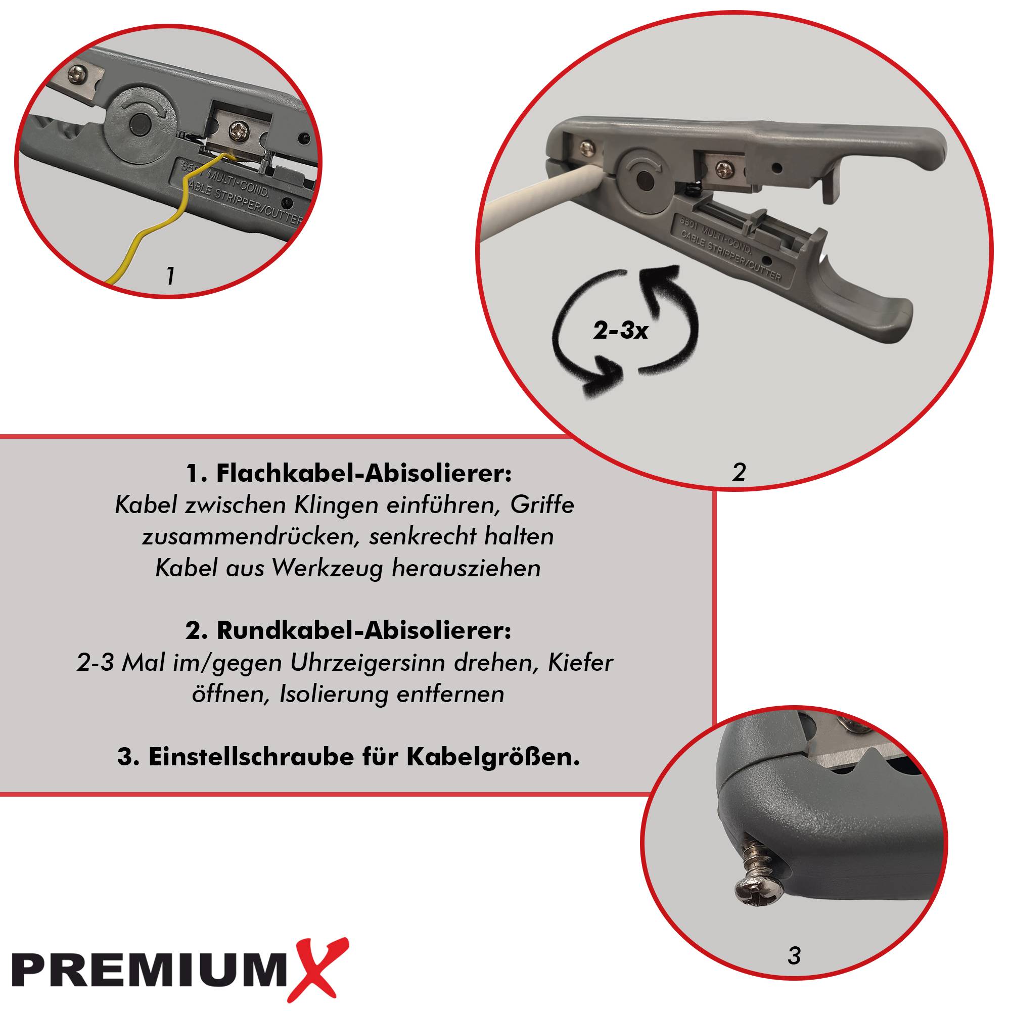 PremiumX Abisolierer HT-S501A Abisolierwerkzeug Koaxial-Kabel Netzwerkkabel Rundkabel Flachkabel bis 9,5mm Werkzeug Entmanteler