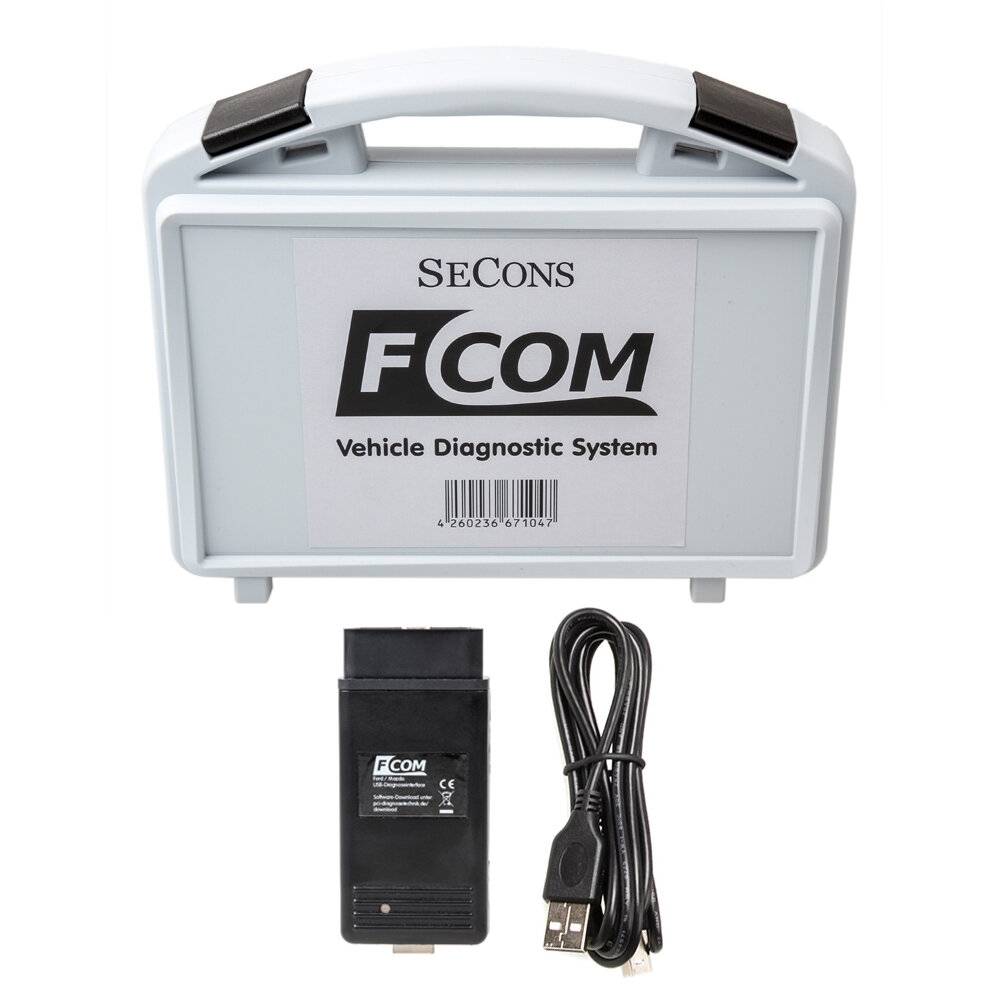 Ein Diagnosesystem-Set mit einem Tragekoffer mit der Bezeichnung „SeCons FCOM Vehicle Diagnostic System