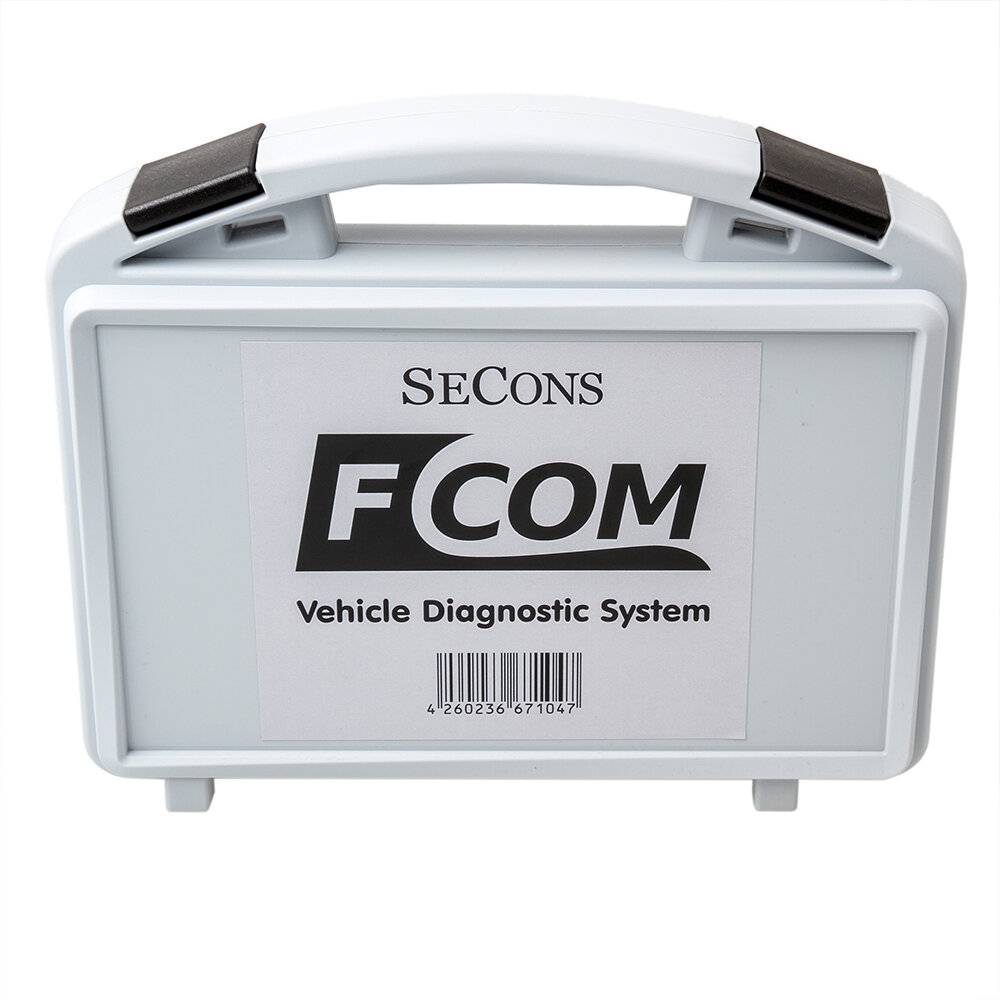 Ein weißer Koffer mit der Aufschrift „SeCons FCOM Vehicle Diagnostic System