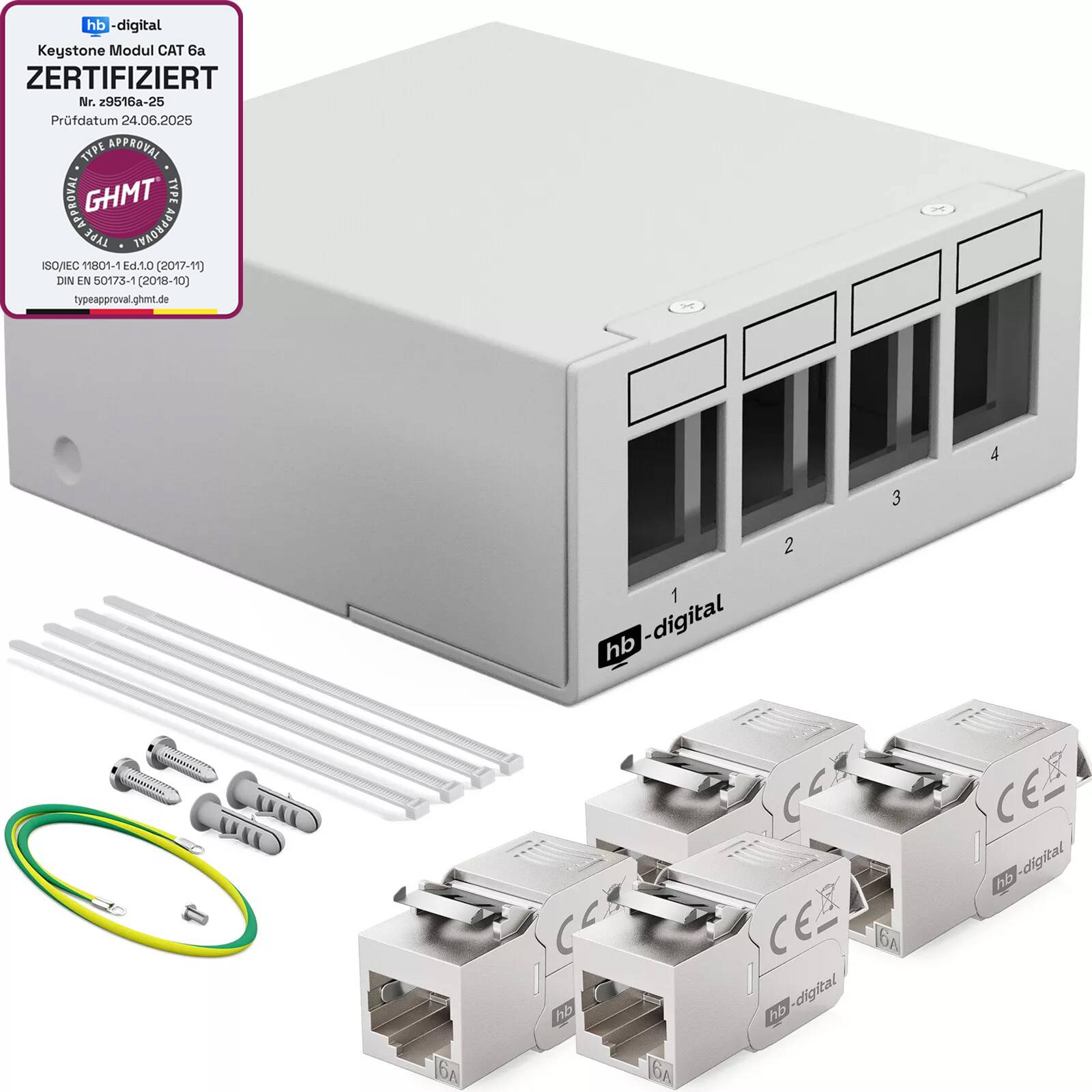 hb-digital Patch Panel 4 Port mit 4 x Keystone Module Cat 6a hellgrau