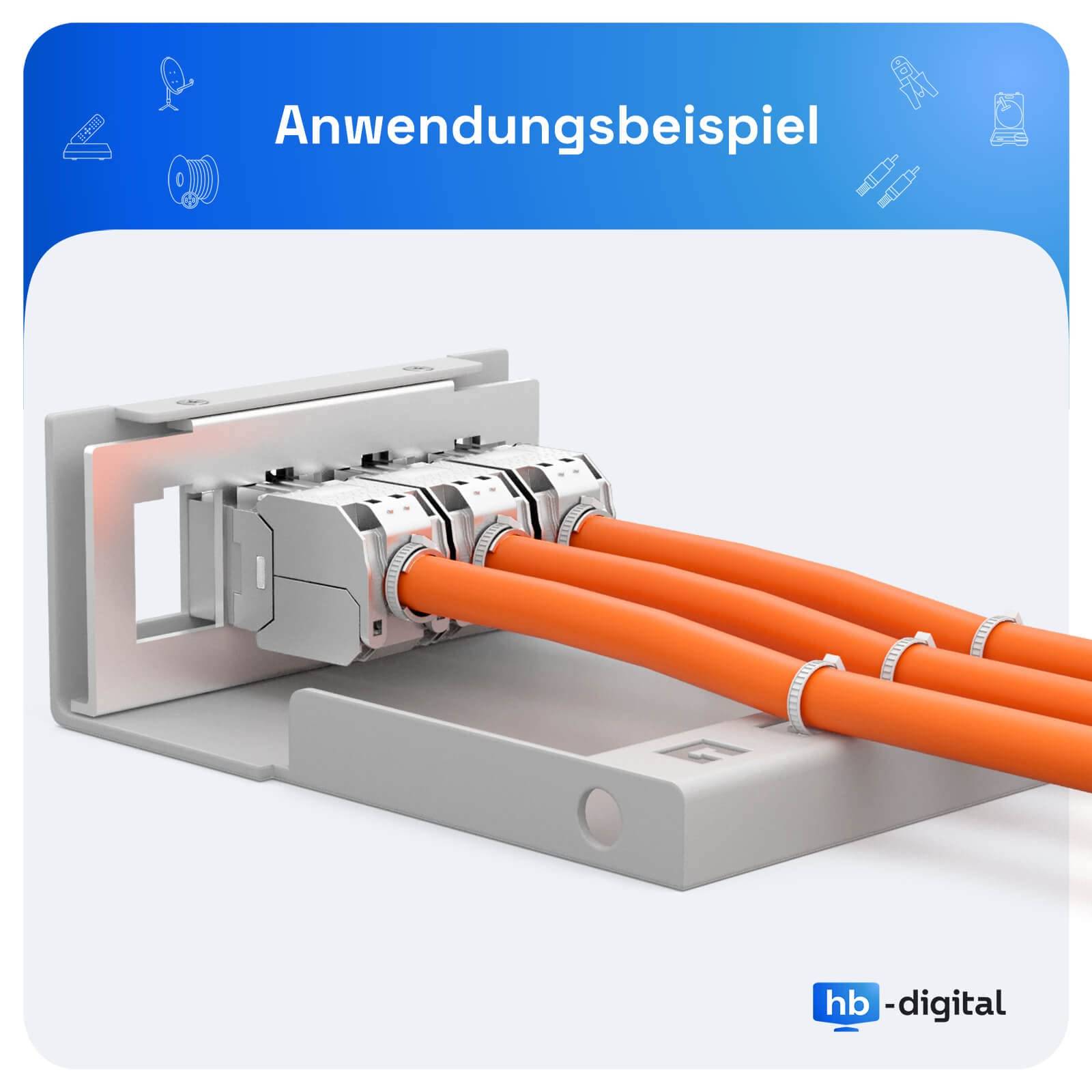 3D-Darstellung eines Kabelverbindermoduls mit vier orange Kabeln, die in ein grau an der Wand montiertes Gehäuse eingesteckt sind; die Überschrift lautet 