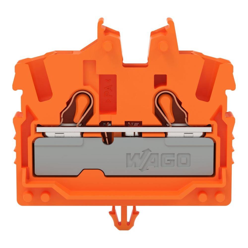 Orangefarbener WAGO Elektroklemmenblock mit Doppelanschlüssen und Metallklemmen, verwendet für sichere Drahtverbindungen in elektrischen Installationen.