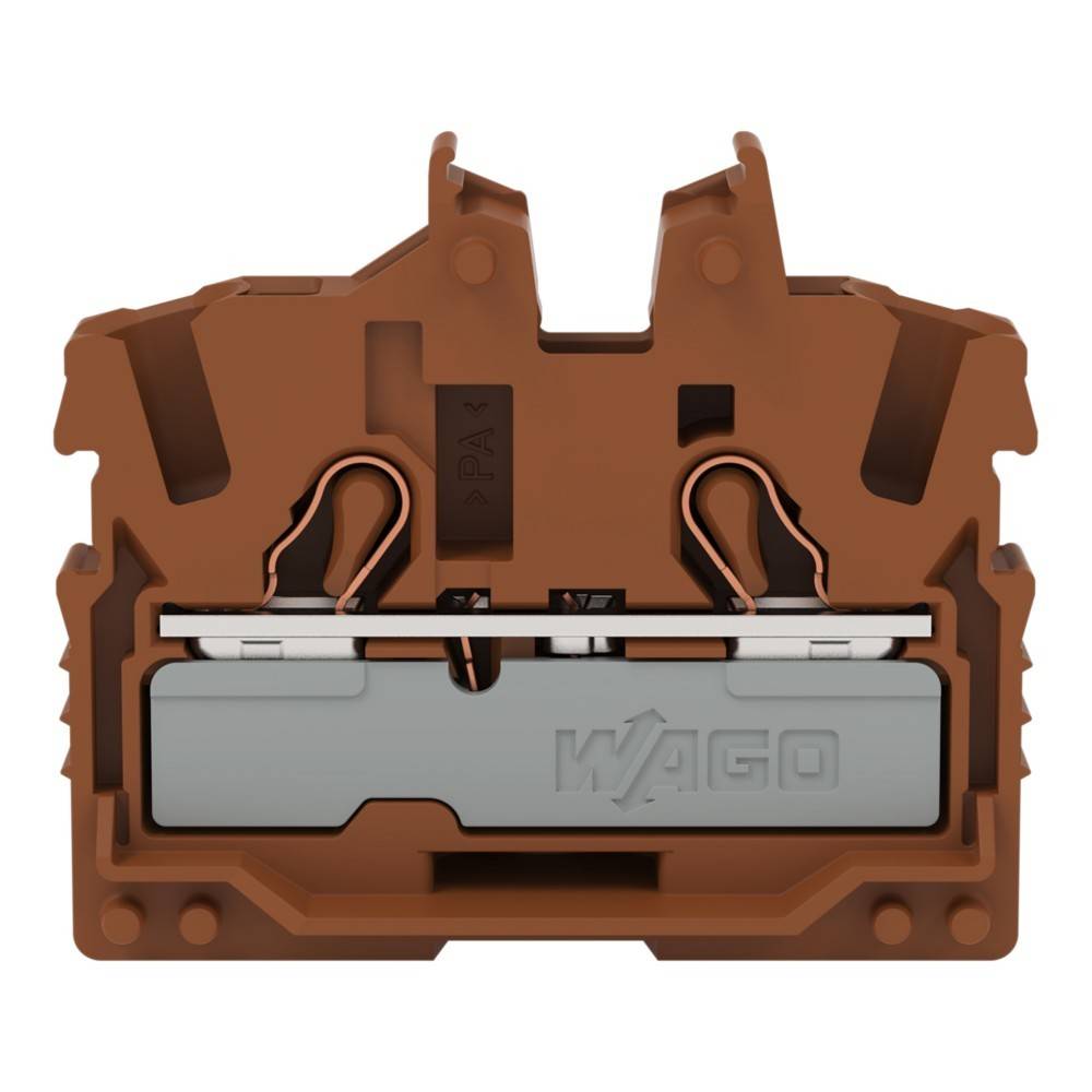 Ein brauner elektrischer Anschlussblock mit sichtbaren Metallklemmen und dem auf der Basis eingeprästen 'WAGO' Logo.