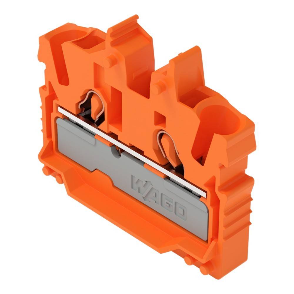 Ein orangefarbener elektrischer Anschlussblock mit Metallklemmen, der zum Sichern und Verbinden von elektrischen Leitungen dient und mit 'WAGO' beschriftet ist.