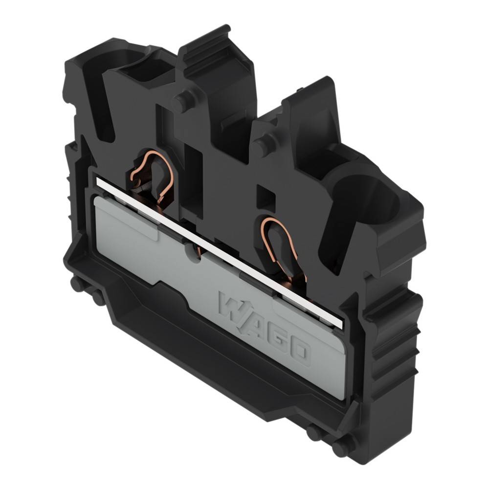 „Ein schwarzer elektrischer Klemmblock mit einem WAGO-Logo, der zwei Kupferdraht-Eingänge und einen Klemmmechanismus für sichere Verbindungen aufweist.