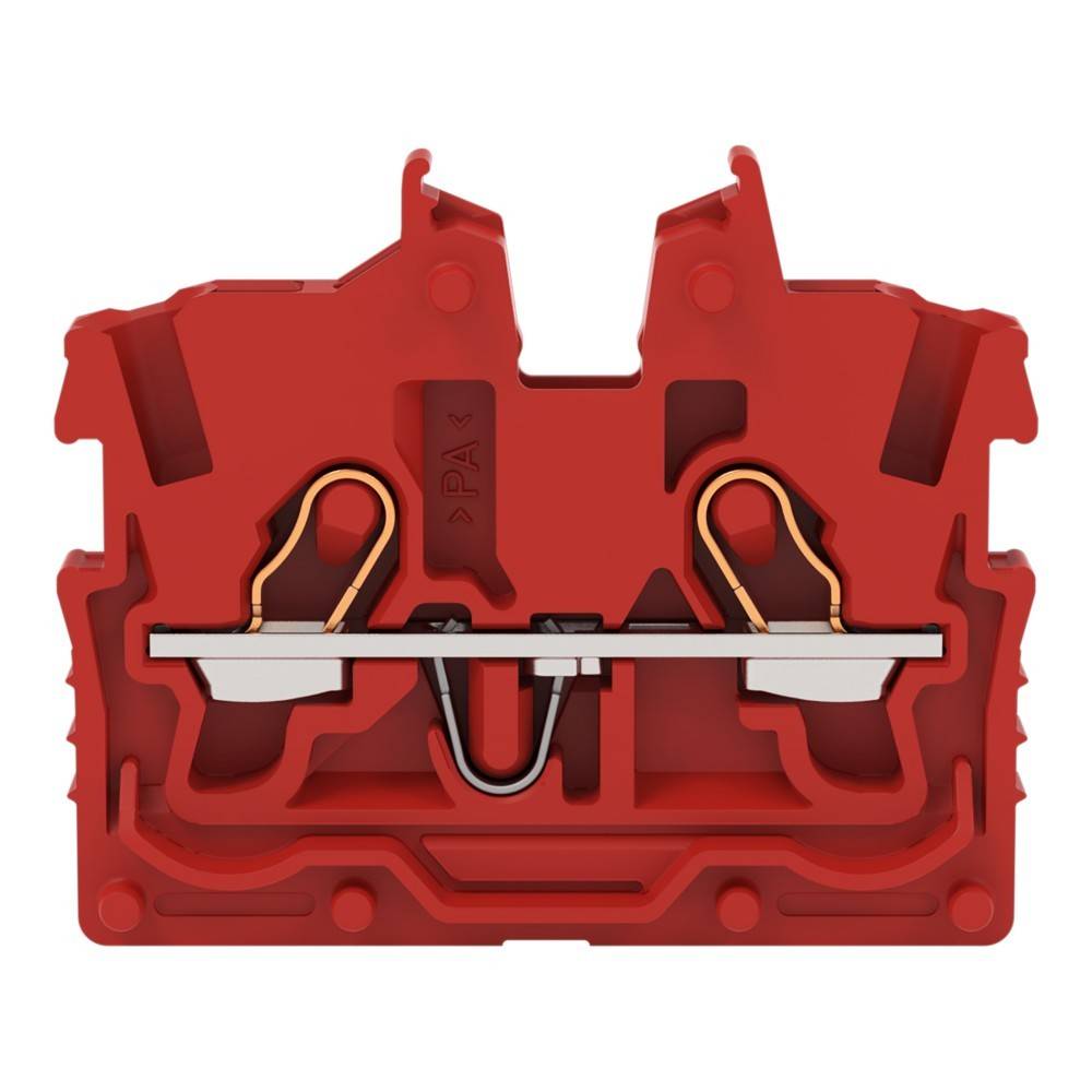 Ein roter elektrischer Anschlussklemmenblock mit zwei Befestigungspunkten, der seine internen Metallkontakte und Kupferverbindungen für die Verkabelung zeigt.