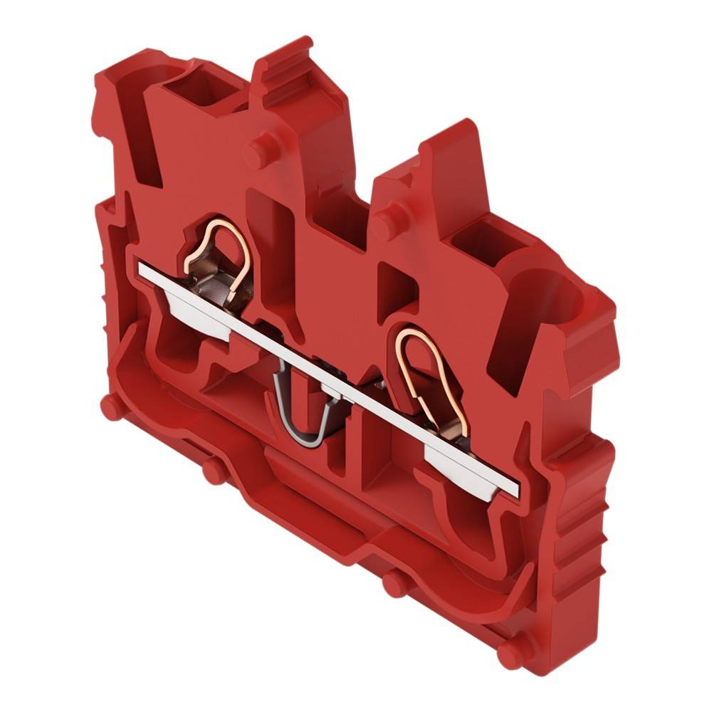 Ein roter modularer Anschlussblock mit einem doppelten Anschlusspunkt für Verdrahtung, der in elektrischen Installationen verwendet wird.