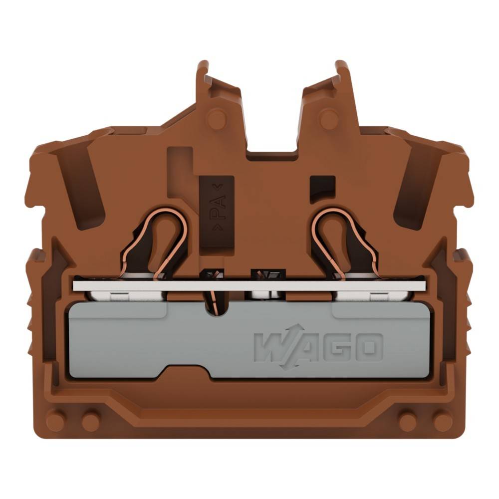 WAGO braune Elektro-Klemmleiste mit dualen Kupferanschlüssen, entwickelt für sicheres Klemmen von Leitungen in elektrischen Installationen.