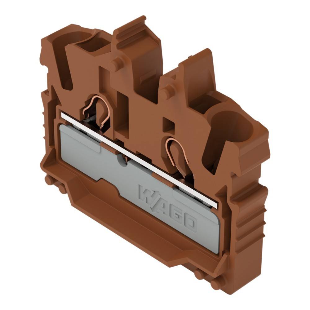 Ein brauner Reihenklemmenblock mit Metallverbindungskomponenten, in der Mitte mit WAGO gekennzeichnet, der für elektrische Leitungsverbindungen verwendet wird.