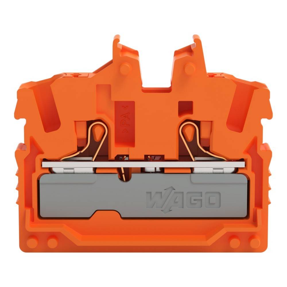 Ein orangefarbener Elektro-Anschlussblock von WAGO, der seinen internen Verbindungsmechanismus mit Federklemmen und Metallkontakten zeigt.