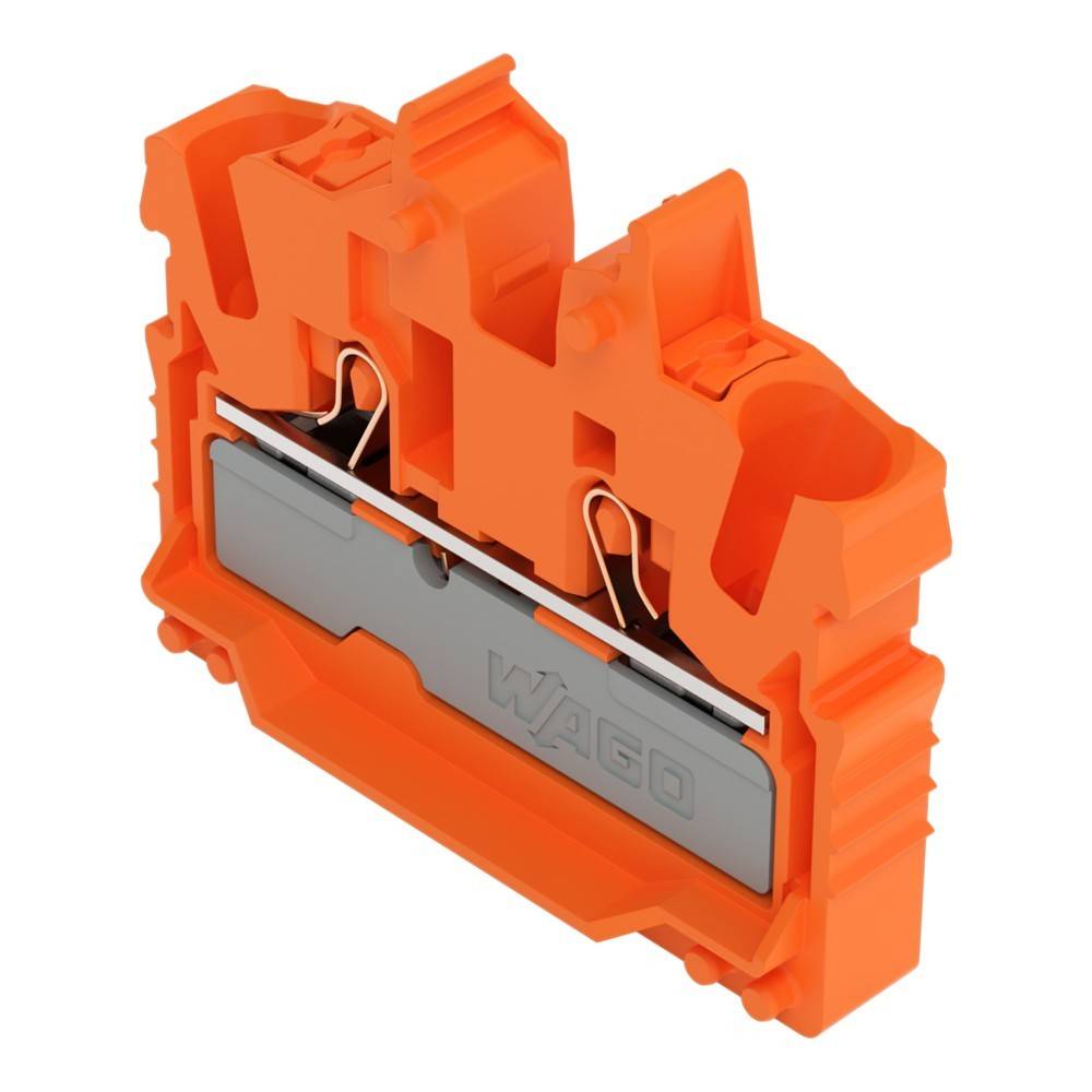 Orangefarbene Elektro-Klemmenleiste mit Doppelleiteranschlüssen und dem Markennamen WAGO auf der Seite geprägt.
