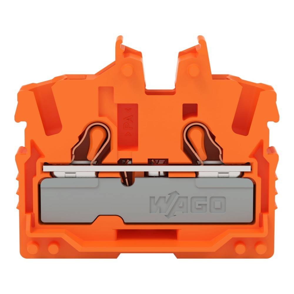 Orange Wago-Elektro-Verbindungsblock mit Metallverbindern und Kunststoffgehäuse. Wird zum Verbinden von Drähten in elektrischen Systemen verwendet.