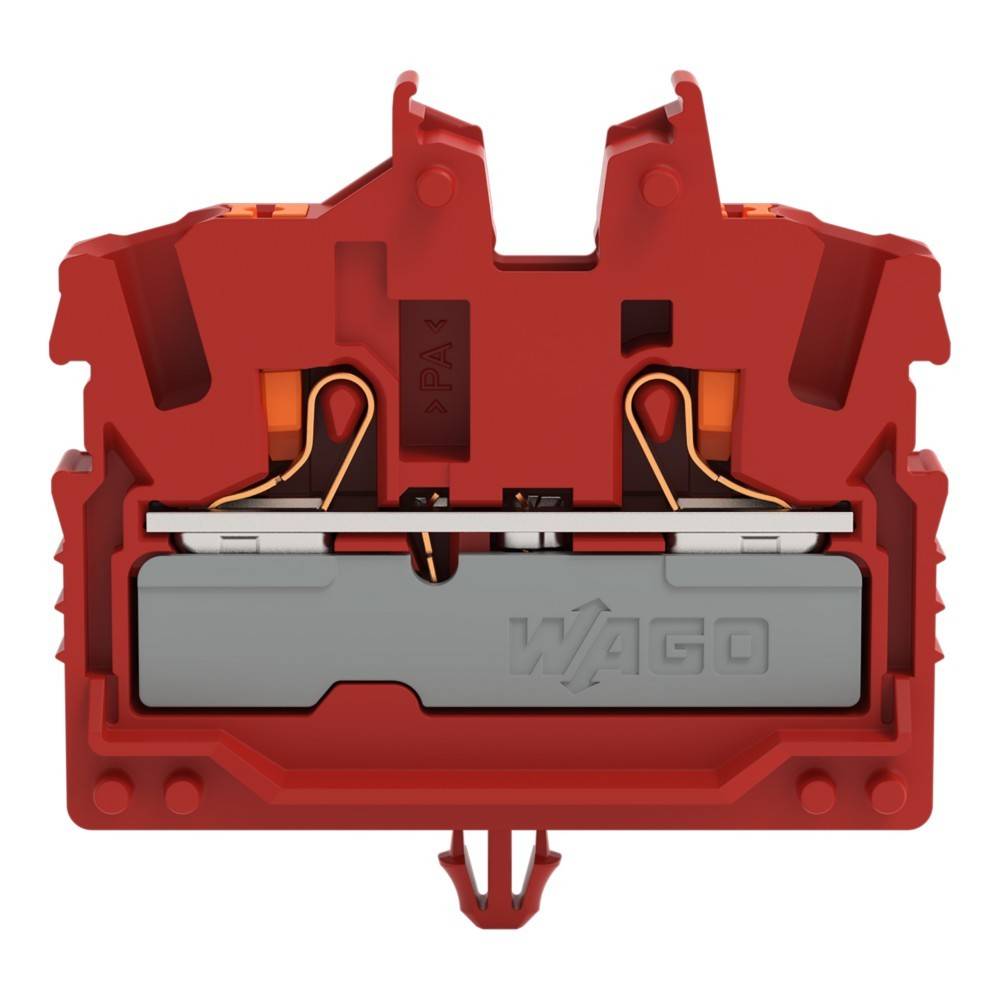 Ein roter elektrischer Anschlussklemmenblock mit sichtbaren Innenkomponenten, mit Metallkontakten und dem 'WAGO'-Logo, der für sichere Verbindungen verwendet wird.