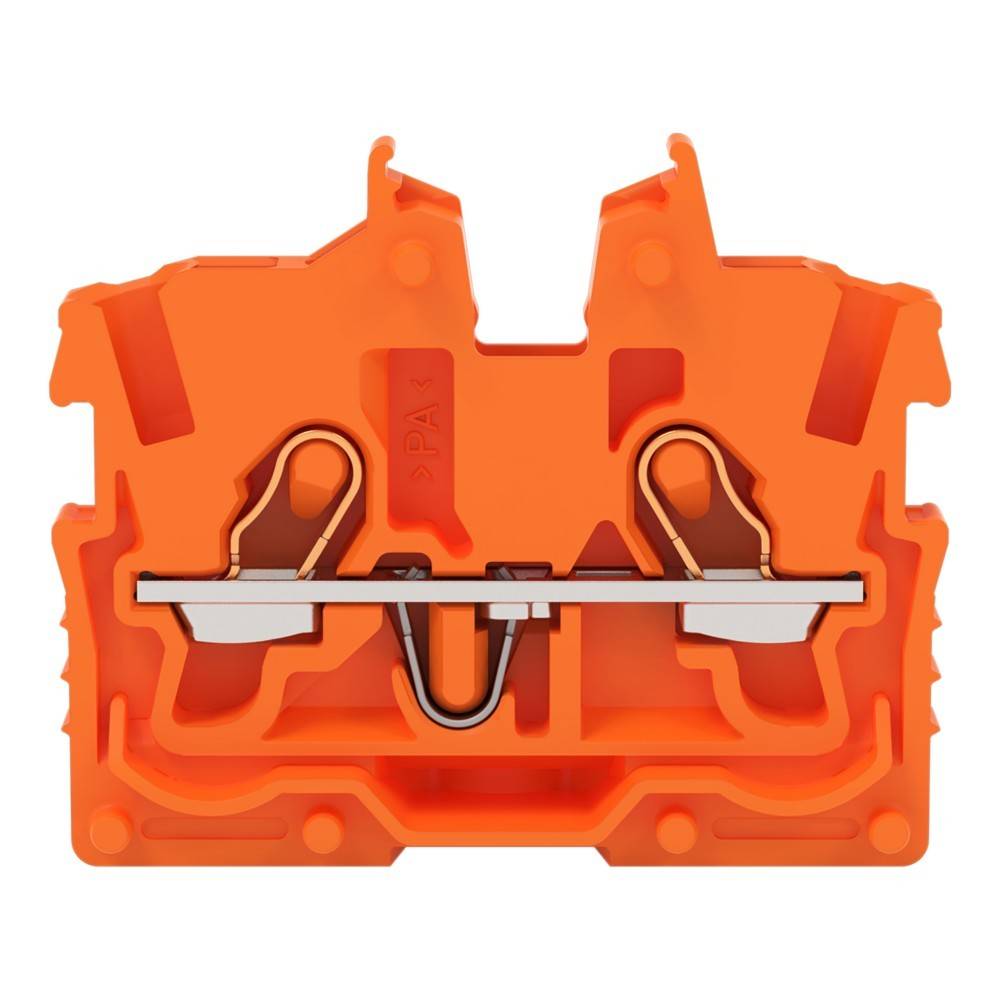 Ein orangefarbener Klemmenblock, der für elektrische Verbindungen verwendet wird und zwei Metallklemmen im Inneren zur Befestigung von Drähten aufweist.