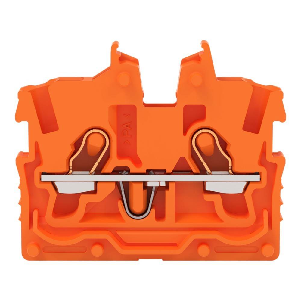 Ein orangefarbener elektrischer Klemmblock mit zwei Drahtschlitzen und einem Metallverbinder. Teile sind freigelegt und zeigen interne Verbindungen.