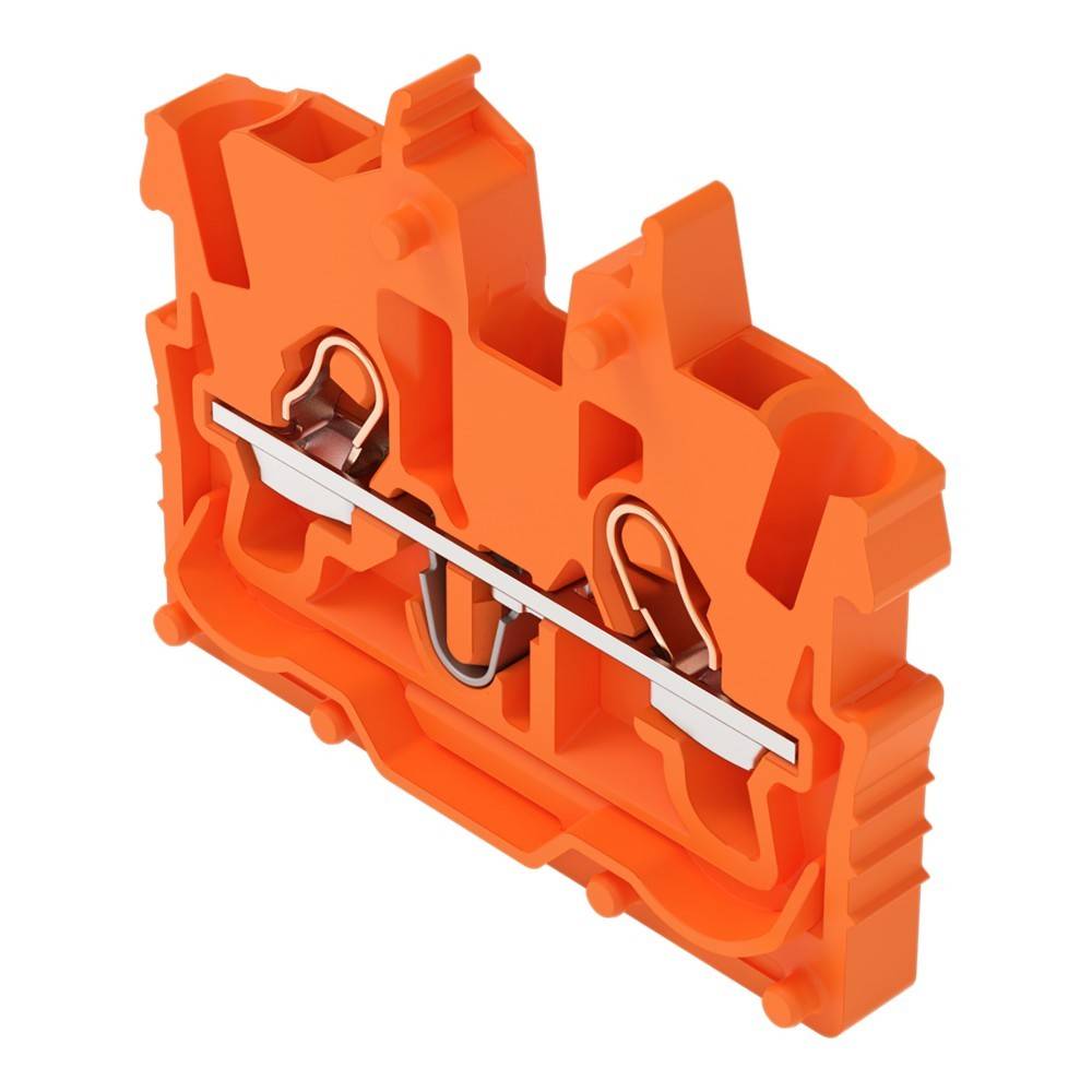 Ein orangefarbener elektrischer Anschlussblock mit Metallverbindern, der in einem Querschnitt dargestellt wird und dessen interne Komponentenstruktur veranschaulicht.