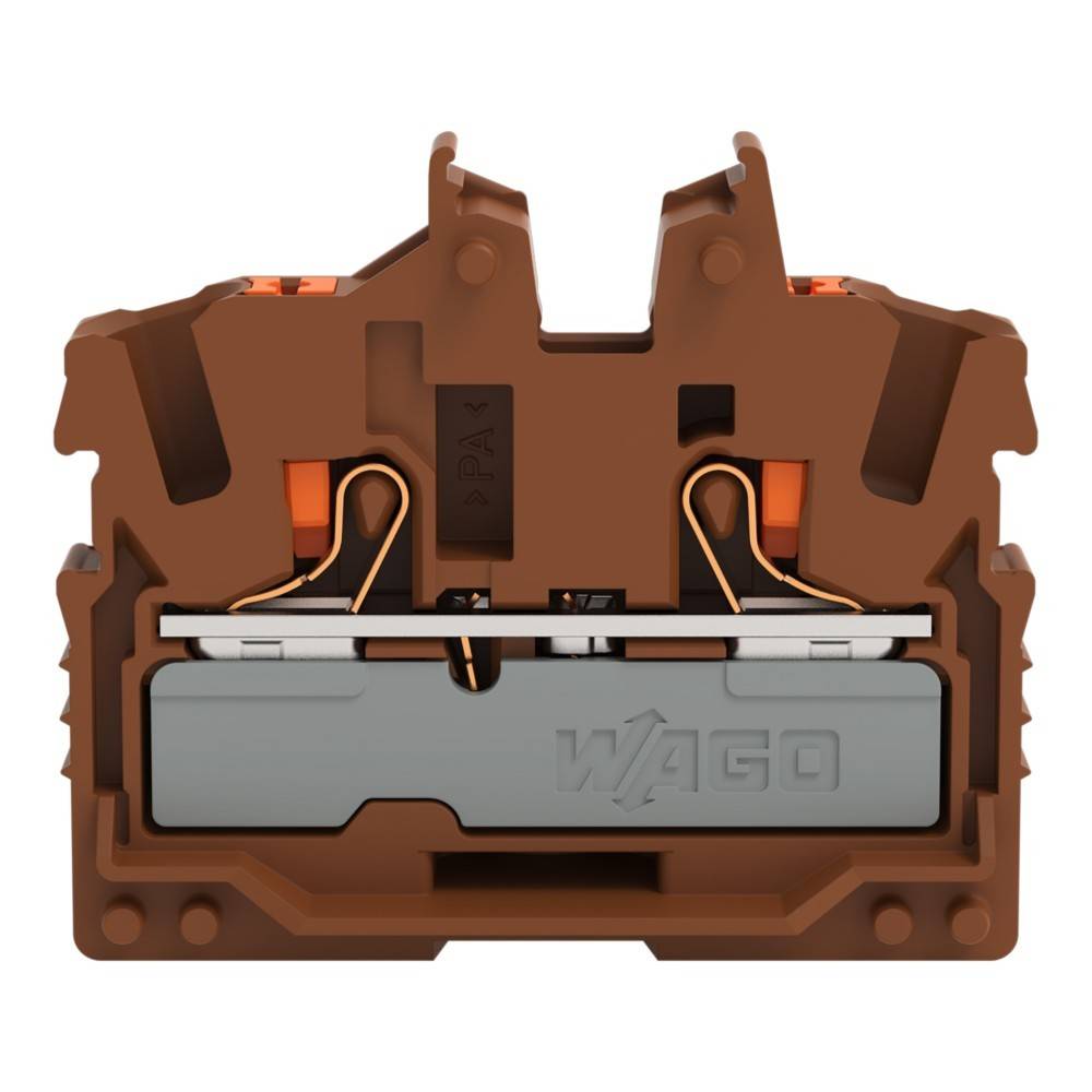 Ein elektrischer Anschlussklemmenblock mit braunem Gehäuse, konzipiert zum Verbinden von Drähten. Sichtbare Komponenten umfassen interne Metallverbindungen und die Markenbezeichnung 'WAGO', die darauf eingeprägt ist.