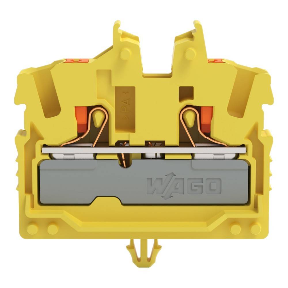 Ein gelber elektrischer Anschlussblock mit sichtbaren internen Metallverbindern und dem Markennamen 'WAGO', der auf der Vorderseite geprägt ist.