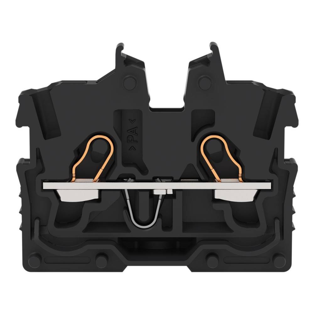 Ein schwarzer elektrischer Anschlussklemmenblock mit Federklemmen und einer Metallschiene im Inneren, der zum sicheren Verbinden von elektrischen Leitungen verwendet wird.