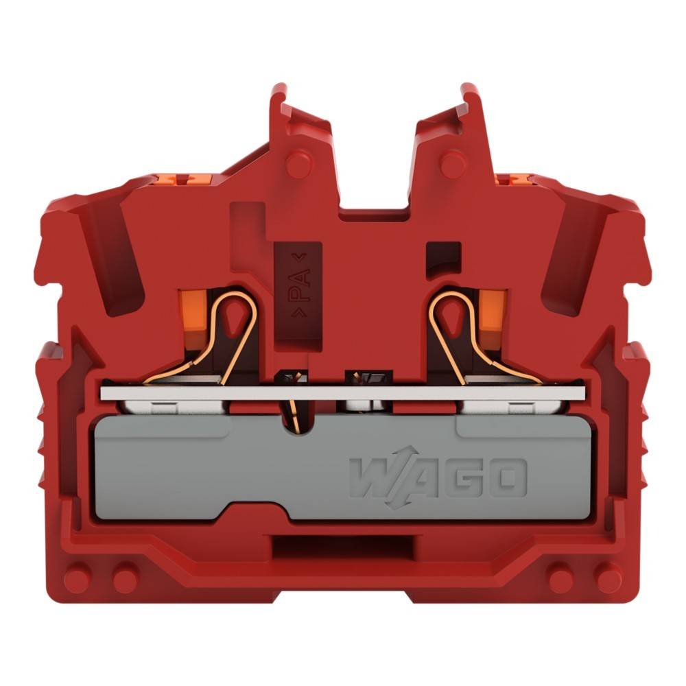 Ein roter Elektro-Anschlussblock mit sichtbaren Kabeln und Innenkomponenten, mit der Markenbezeichnung ‚WAGO'. Entwickelt zur Verbindung elektrischer Schaltkreise.