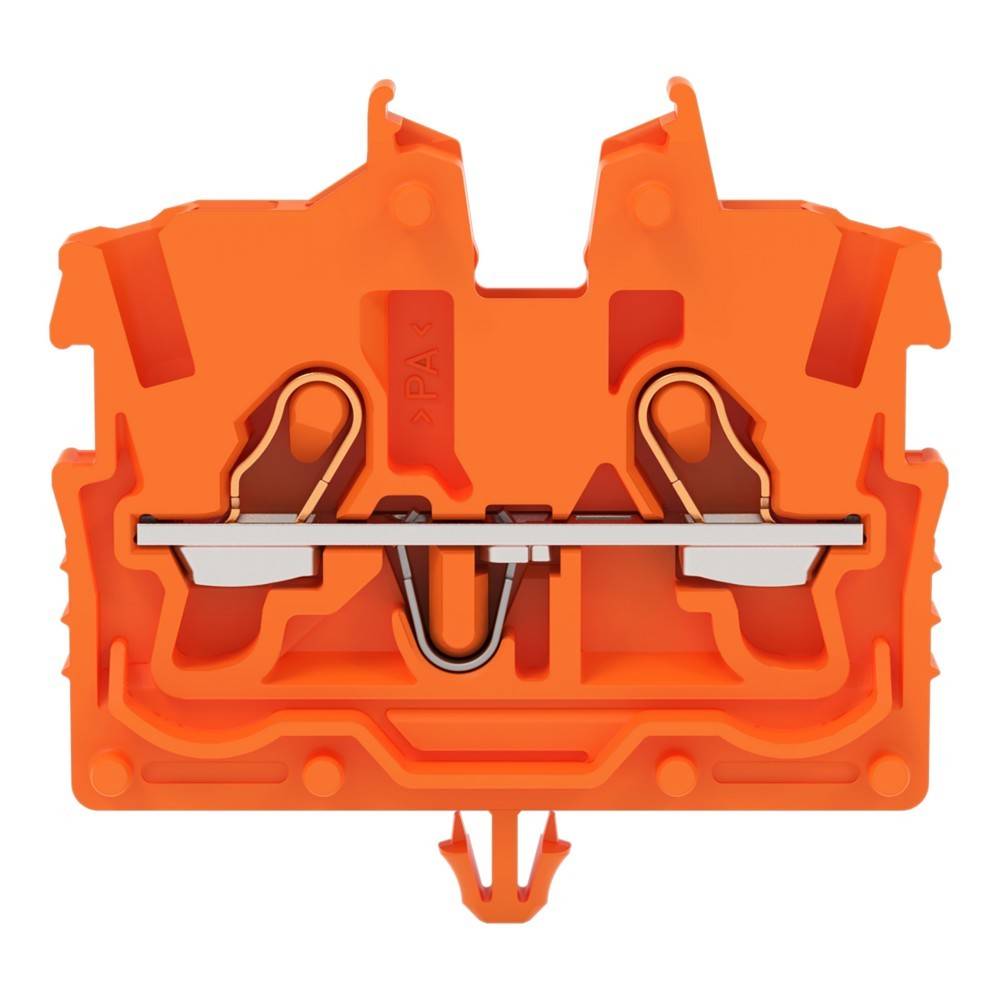 Ein orangefarbener industrieller Klemmenblock mit einem U-förmigen Federungsmechanismus in der Mitte, der für elektrische Verbindungen verwendet wird.