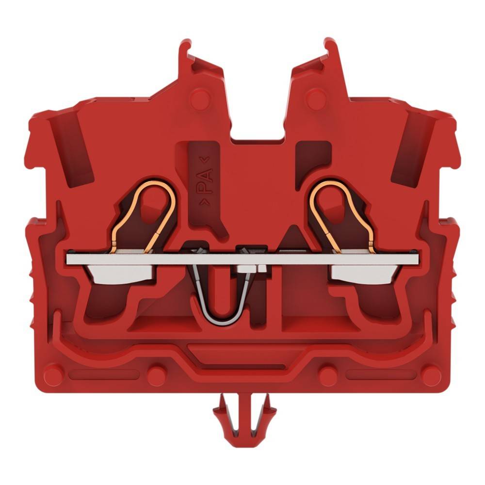 Querschnitt eines roten elektrischen Steckverbinders, der die inneren Metallkontakte und Leitungswege zeigt und die Struktur und Designelemente hervorhebt.