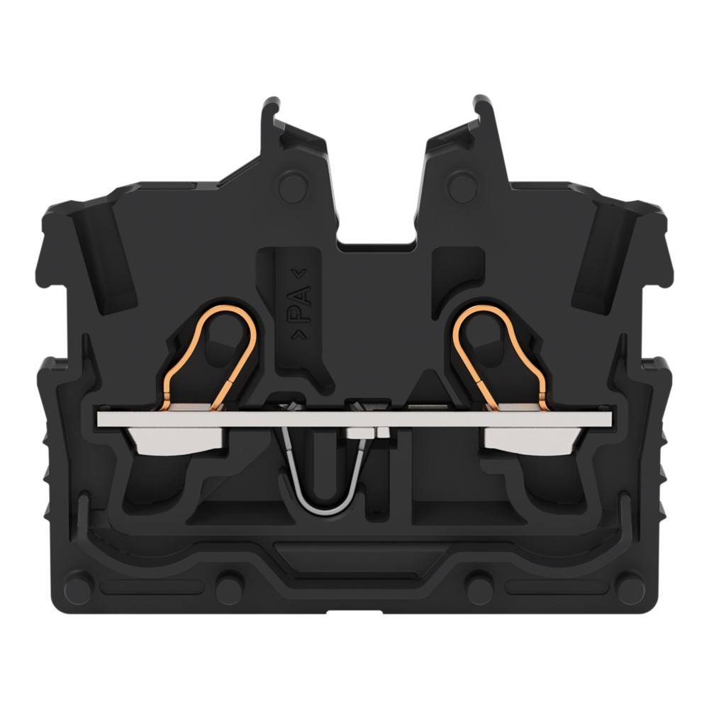 Ein schwarzer Elektro-Klemmenblock mit zwei Kupferdrahtanschlüssen und einer Metallschiene. Entwickelt für sichere Drahtverbindungen in elektrischen Schaltkreisen.