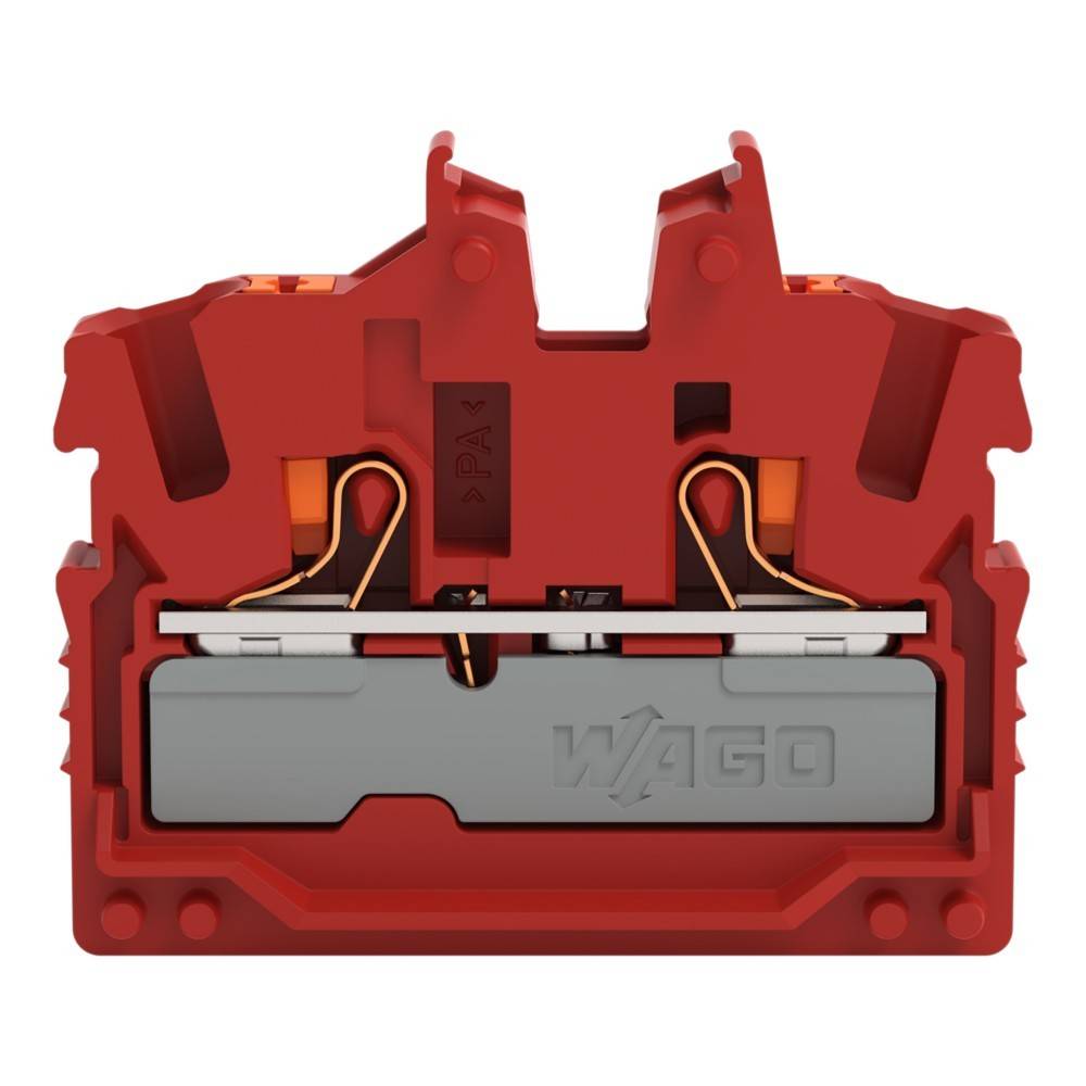 Ein roter elektrischer Verbinder mit interner Verkabelung und Metallkontakten, mit der Marke 