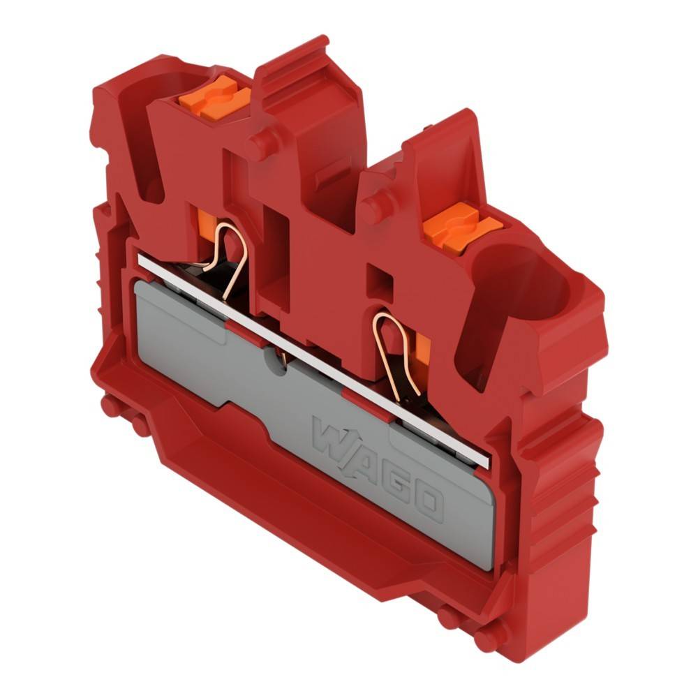Ein roter elektrischer Anschlussklemmenblock mit sichtbaren Metallleitern und Verbindungspunkten, der zum sicheren Zusammenschluss von elektrischen Kabeln verwendet wird.