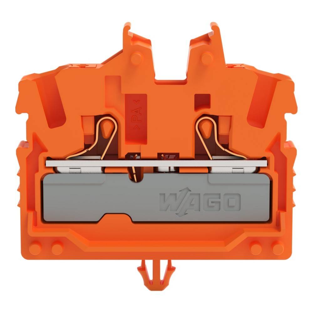 Ein orangefarbener Elektro-Anschlussblock mit Federklemm-Anschlüssen, entwickelt für eine sichere Kabelverbindung ohne Schrauben.