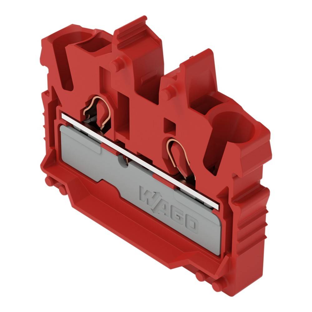 Ein roter elektrischer Anschlussblock mit zwei Anschlusspunkten und einem Metallstreifen, der vorne mit 'WAGO' geprägt ist.