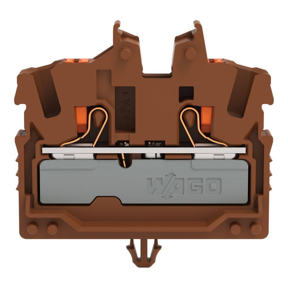 Ein braunes elektrisches Anschlussblock mit sichtbarer Innenverdrahtung, auf dem Metallbauteil in der Mitte mit der Marke 