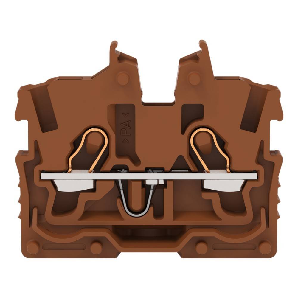 Brauner Elektro-Anschlussblock mit zwei Klemmen und internen Metallverbindungen, konzipiert zum Befestigen und Verbinden von elektrischen Leitungen.