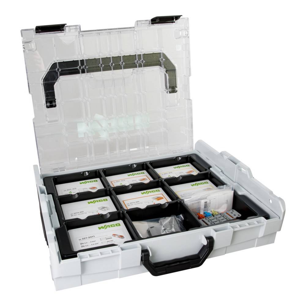 Eine offene Kunststoff-Sortierbox, die verschiedene Wago-Elektroverbinder und -Zubehör in beschrifteten Fächern enthält.