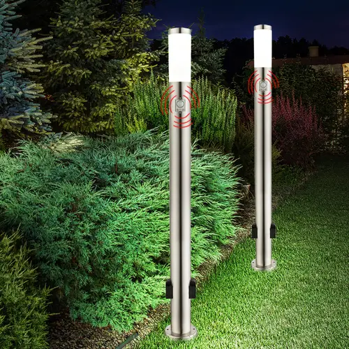 Stehleuchte mit Bewegungsmelder Standleuchte Edelstahl Außenleuchte Steckdosen, App Steuerung CCT dimmbar, Smart RGB LED 8,5W 806Lm, DxH 7,6x110 cm Stehleuchte mit Bewegungsmelder Standleuchte Edelstahl Außenleuchte Steckdosen, App Steuerung CCT dimmbar, Smart RGB LED 8,5W 806Lm, DxH 7,6x110 cm