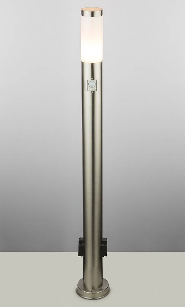 Stehleuchte mit Bewegungsmelder Standleuchte Edelstahl Außenleuchte Steckdosen, App Steuerung CCT dimmbar, Smart RGB LED 8,5W 806Lm, DxH 7,6x110 cm