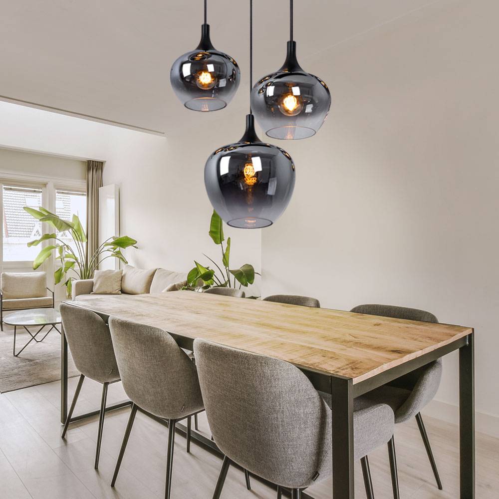 Hängeleuchte Pendellampe Wohnzimmer Pendelleuchte Esstischleuchte rauch Glasschirm, Metall schwarz, Fassungen 3x E27, DxH 48x120 cm