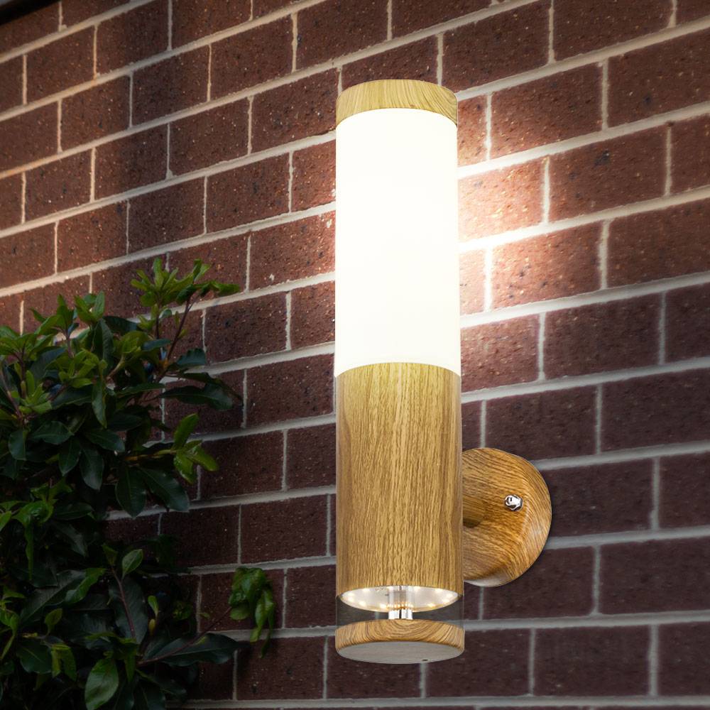 Außenlampe Wandleuchte Aussen Edelstahl LED Balkon Aussenleuchte Wand, Holz Optik mit Deko LED, 1x E27, BxH 8,5 x 35 cm