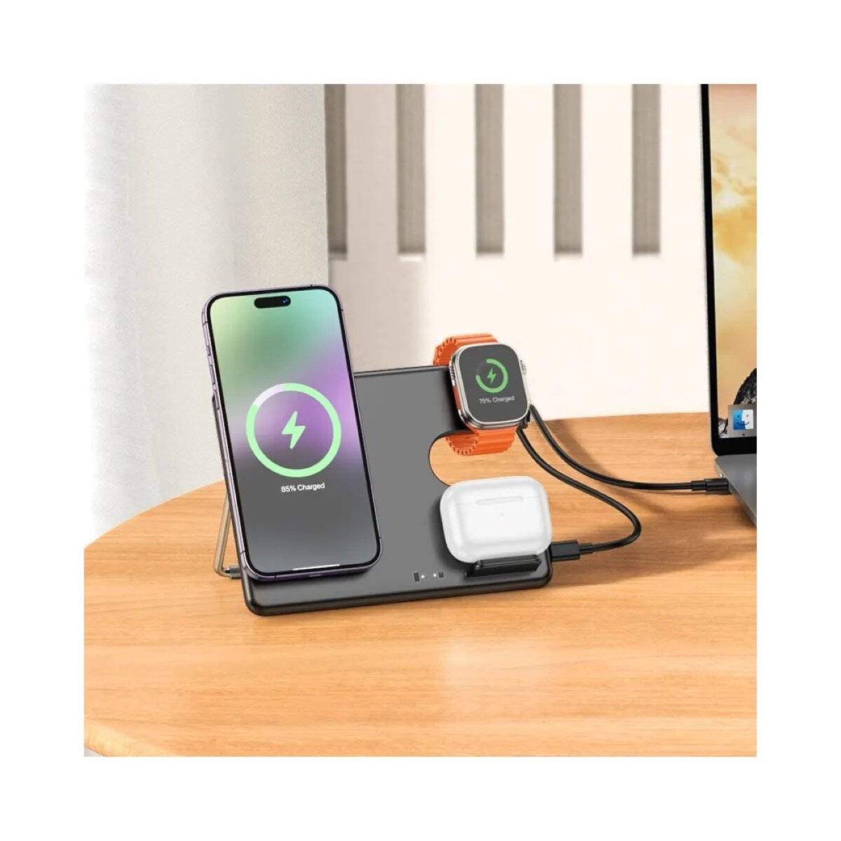 HOCO CQ1 3in1 Geek Folding Wireless Ladegerät 15W Unterstützung Apple Watch Ladegeformt schwarz