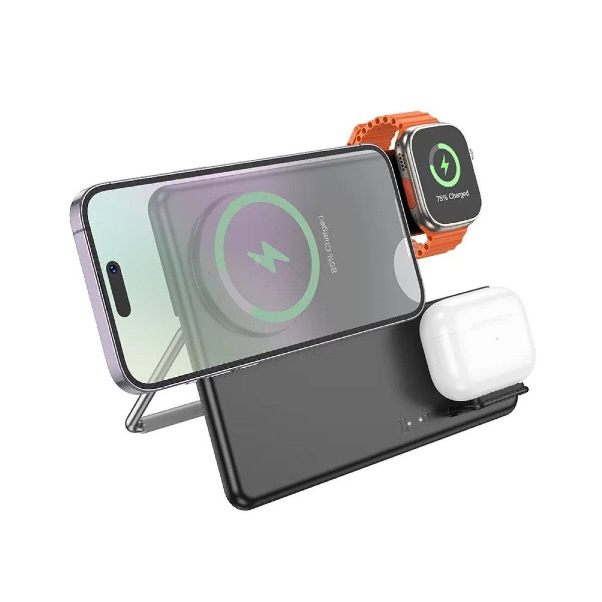 HOCO CQ1 3in1 Geek Folding Wireless Ladegerät 15W Unterstützung Apple Watch Ladegeformt schwarz